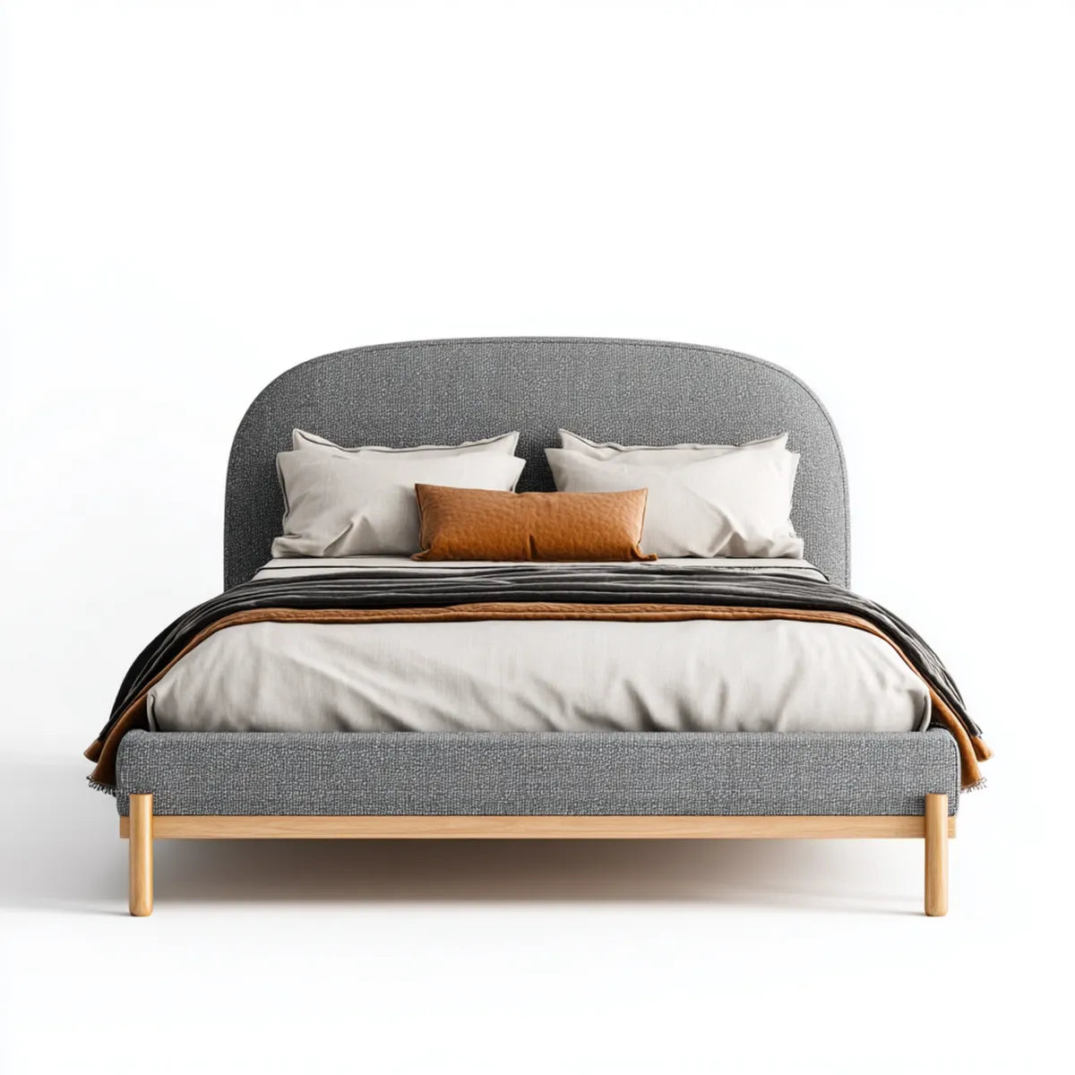 Lit double 160 x 200 cm gris en polyester avec cadre en bois massif forme arrondie