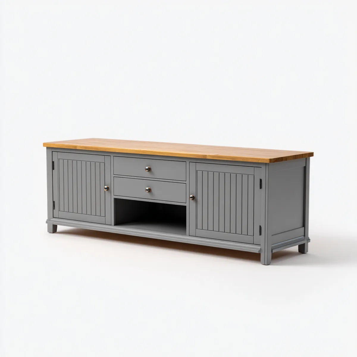 Meuble TV gris avec plateau en bois massif 160 x 40 x 60 cm à 2 portes 2 tiroirs et niche ouverte rectangulaire