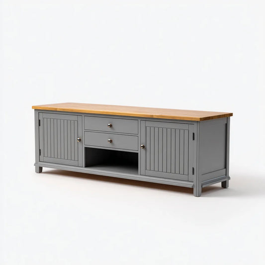 Meuble TV gris avec plateau en bois massif 160 x 40 x 60 cm à 2 portes 2 tiroirs et niche ouverte rectangulaire