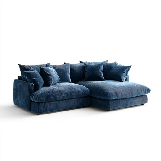 Canapé d'angle avec méridienne droite bleu nuit 4 places 290 x 170 x 85 cm velours côtelé en polyester forme L