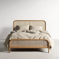 Lit double 160 x 200 cm naturel en bois massif et cannage de rotin à bords arrondis