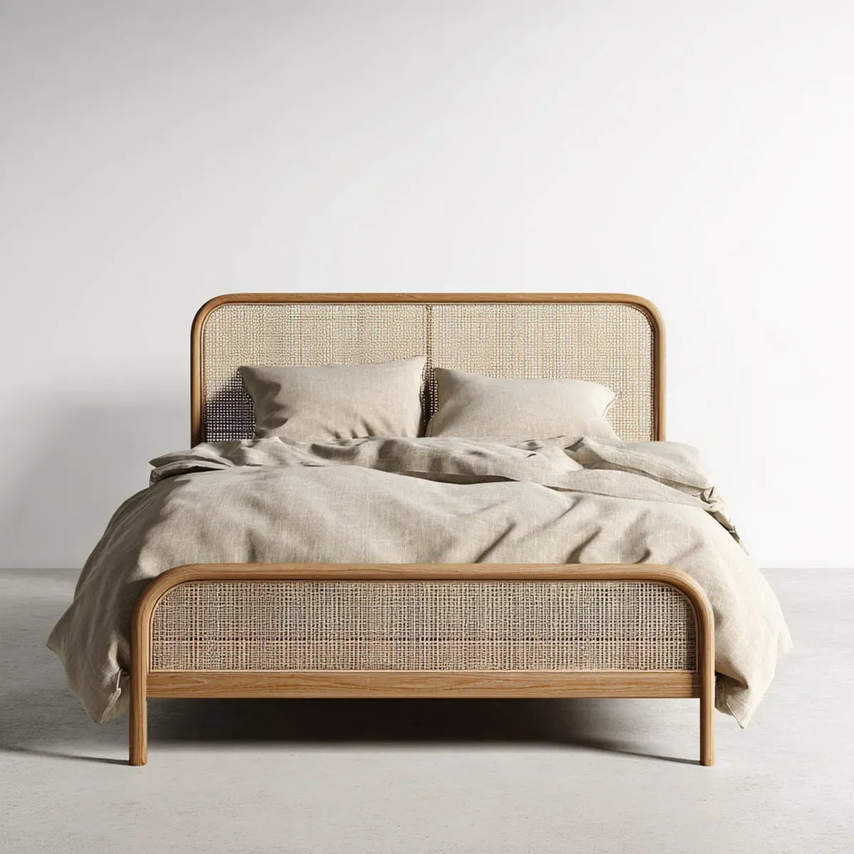 Lit double 160 x 200 cm naturel en bois massif et cannage de rotin à bords arrondis