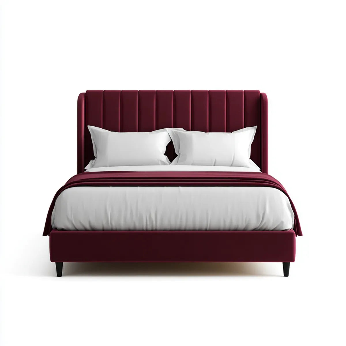 Lit double 160 x 200 cm bordeaux en velours polyester avec tête de lit capitonnée rectangulaire