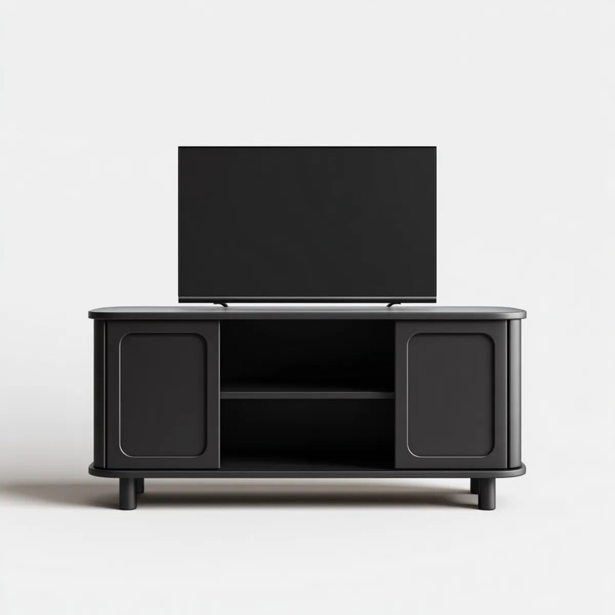 Meuble TV rectangulaire noir 140 x 40 x 60 cm en panneaux MDF avec 2 portes et niche centrale