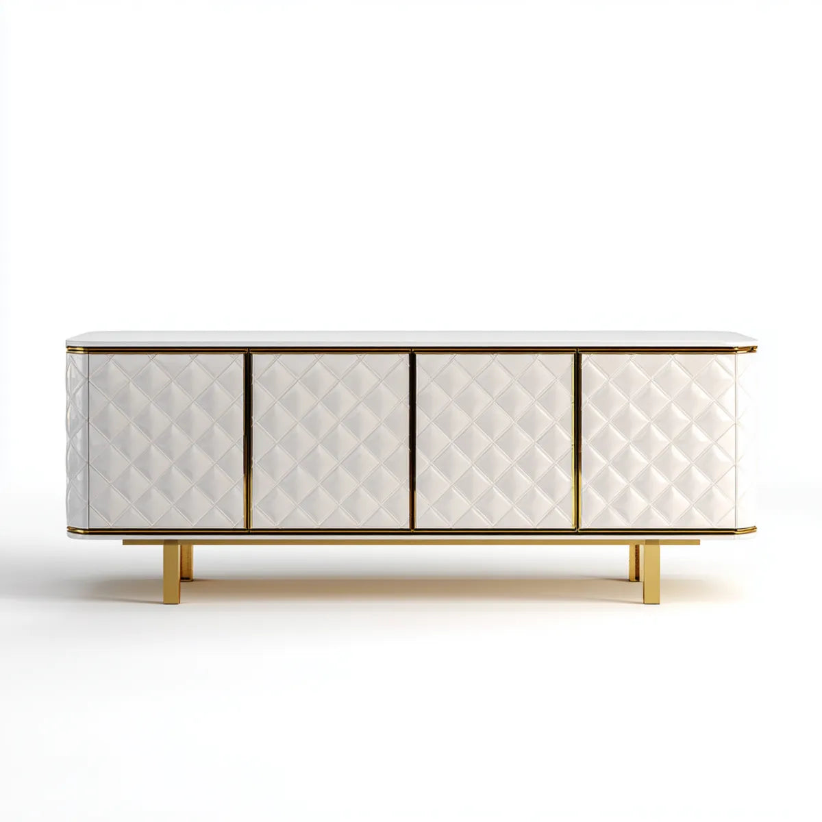 Meuble TV bas rectangulaire blanc et doré à 4 portes en MDF et PU 200 x 40 x 55 cm